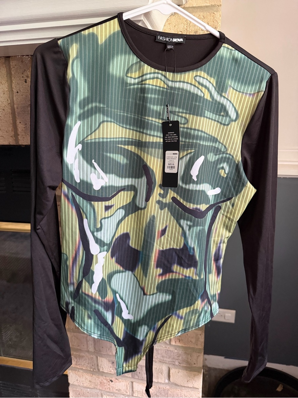 Fashion Nova Olive Green Camo Graphic Long Sleeve Bodysuit